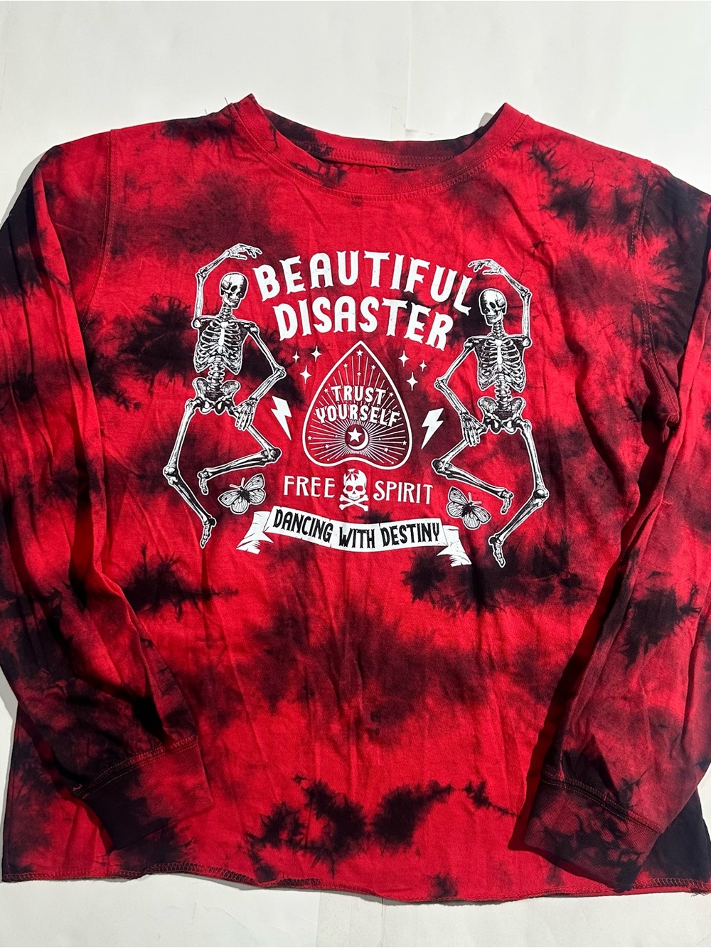 Beautiful Disaster Red Tie-Dye Long Sleeve Goth Style Women’s Top